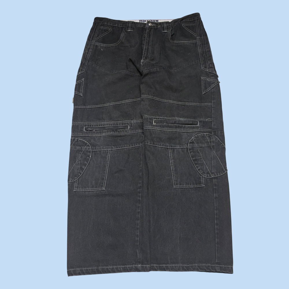 Phat Farm Mens Baggy Cargo Jeans Black White Stitch Y2K Hip Hop 40x33